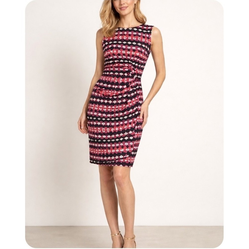 Donna Morgan Black Wine Pin Geo Sheath‎ Midi Dress Sz 12 Stretch Sleeveless
